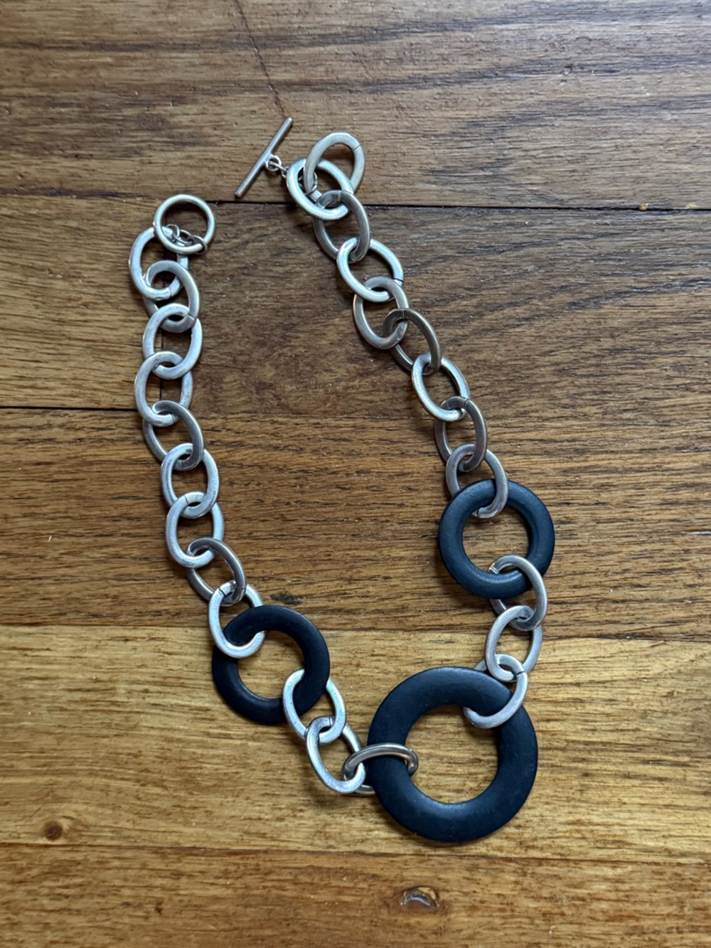 Silver Chain Necklace with Black Hoop Accents